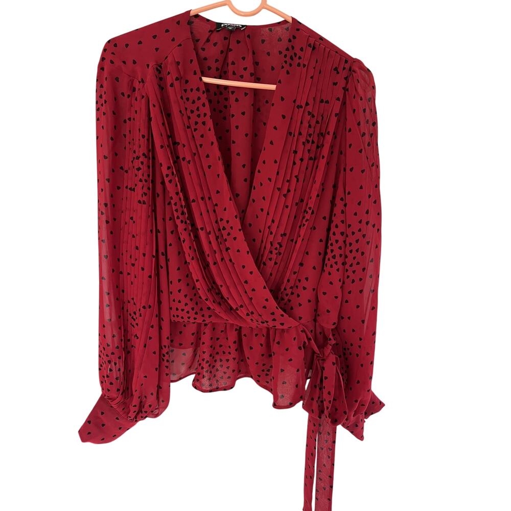 Express Womens XL Blouse Chiffon Surplice V Neck Red Polka Dot Ruffle Romantic
